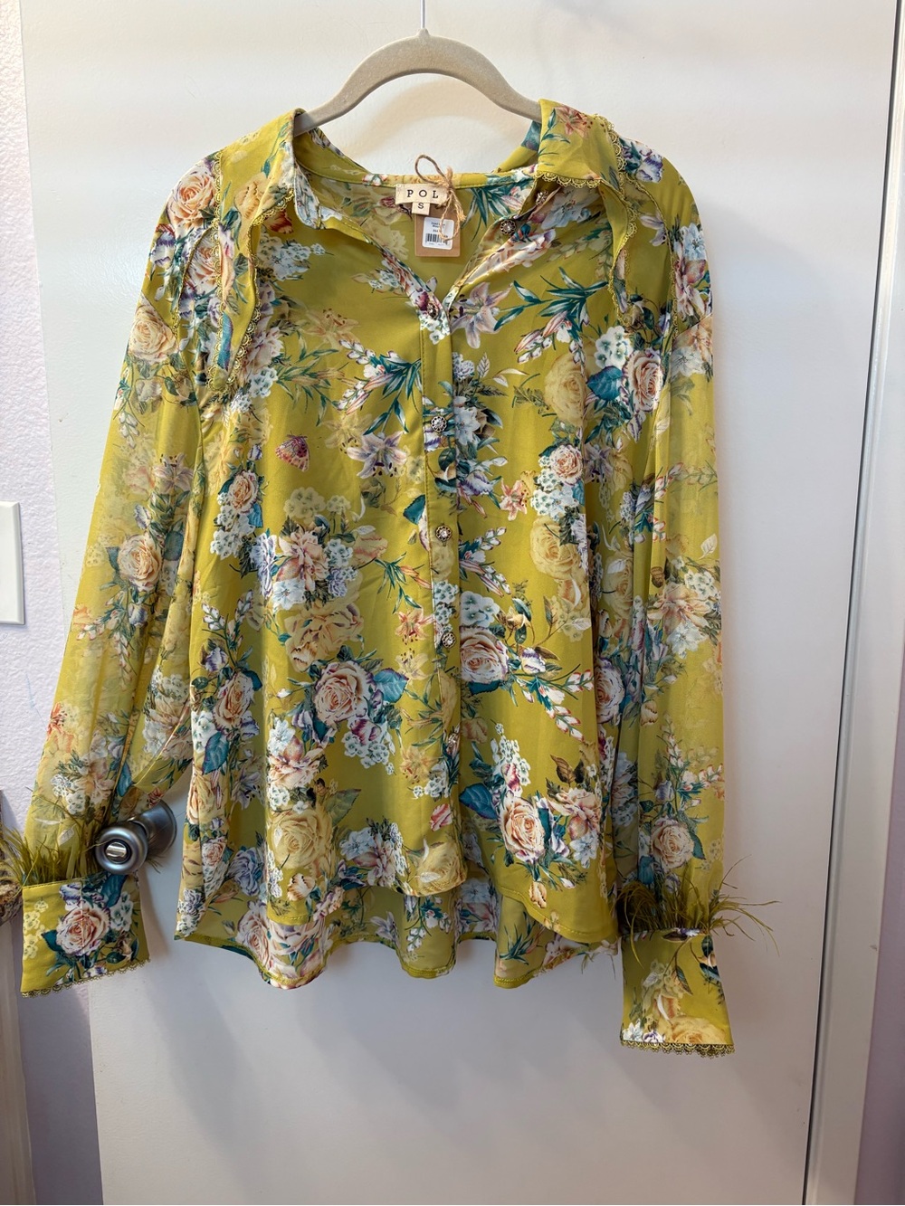 POL Small Floral Tie-Neck Blouse in Chartreuse PTP 24